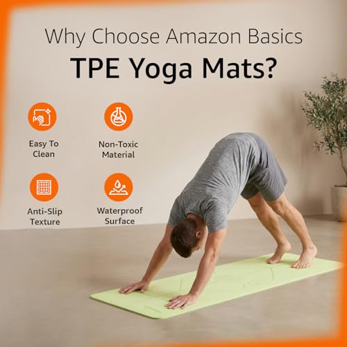 Image of Amazon Basics TPE Yoga & Exercise Mat with Carrying Strap | 6 mm Thick | Non-Slip Grippy Surface | Eco-Friendly Rubber-Like Material | Floor Protection | Ideal for Yoga, Pilates, Stretching & Meditation | 183 x 61 cm | Dark Green & Light Green