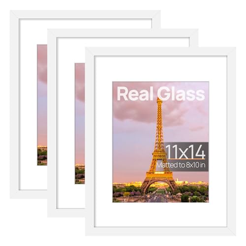 Image of upsimples 11x14 Picture Frame Set of 3, Made of High Definition Glass for 8x10 with Mat or 11x14 Without Mat, Wall and Tabletop Display Photo Frames, White