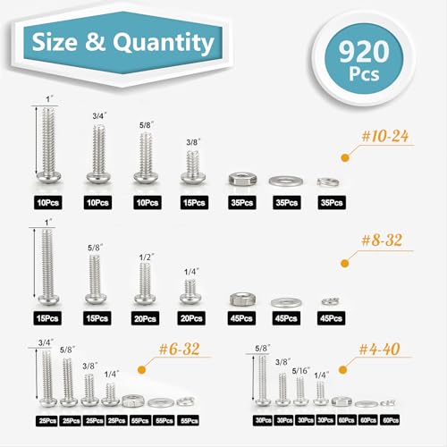 Kadrick 304 Stainless Steel Screws,920Pcs Machine Screw Assortment,#4-40#6-32#8-32#10-24 Assorted Phillips Pan Head SAE Screws Nuts & Washers Set,Bolts and Nuts Kit