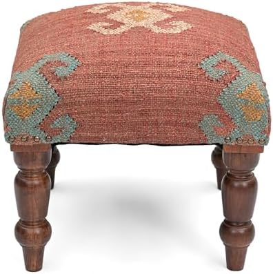 Image of the Handmade Jute Soft Ottomans Square Shape Stool for Sitting and Foot Rest with Wooden Legs, Entryway Modern Stool for Living Room, Bedroom, Hall (Red, L 15.74 x W 15.74 x H 14 inch) 