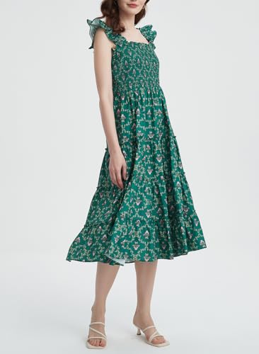 Ladyful Women's Floral Midi Dress Smocked Square Neck Boho Sleeveless Ruffle Strap Beach A-Line Flowy Sundress4