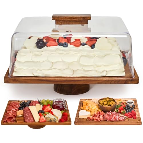 RosiRoli Acacia Wood Cake Stand with Lid –2-in-1 Rectangular Charcuterie Board & Dessert Display, Shatterproof Acrylic Dome Cover for Freshness, Serving Platter for Parties, Weddings, Birthdays, Gifts