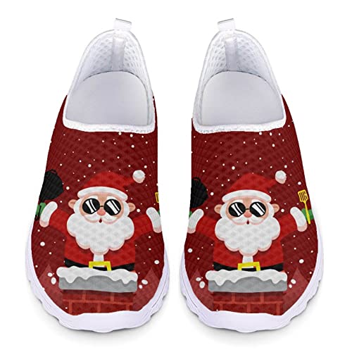 SCRAWLGOD Sapatos de caminhada para mulheres de malha antiderrapante no mocassim de malha de ar respirável leve sapatilhas de corrida, Engraçado Natal de Pai Natal, 34.5 EU