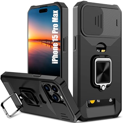 rojarou for iPhone 15 Pro Max Case with Card Holder Stand Cover,Black