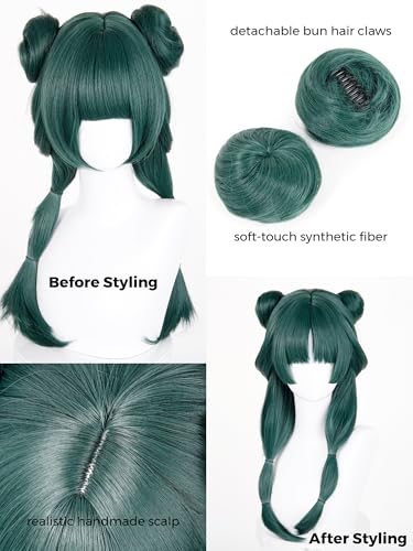 Image of Half and Half Maomao Cosplay Wig with Double Buns & Bangs, 19'' Long Dark Green Anime Ponytails Wigs Pigtail Hair Wig for Women Halloween Party Daily