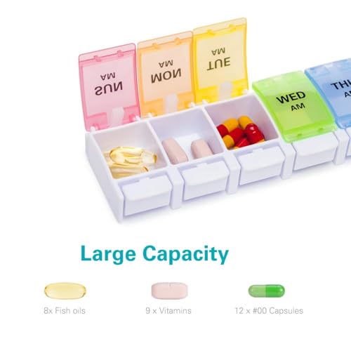 Image of Sukuos AM PM Weekly Pill Organizer 2 Times A Day 2pcs, 7 Day Pill Box with Easy Push Button, BPA Free Medicine Case Vitamin Holder for Fish Oil /Supplements (Rainbow)