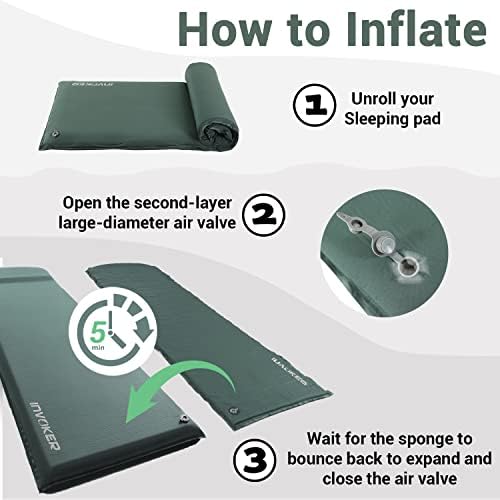 Self Inflating Memory Foam Camping Sleeping Mat - Pad with Built in Pillow, 3inch UltraThick Air Mattress Inflatable Durable Fast Inflating in 25s Comfortable for Tent Backpacking Travel Hiking