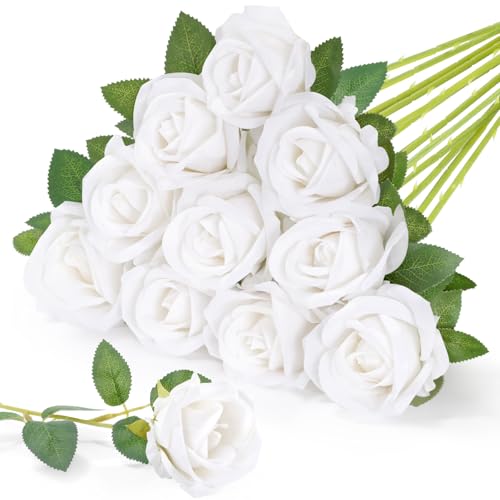 Lifewit Classic White Artificial Roses Flowers, Faux Long Stem Roses Bulky