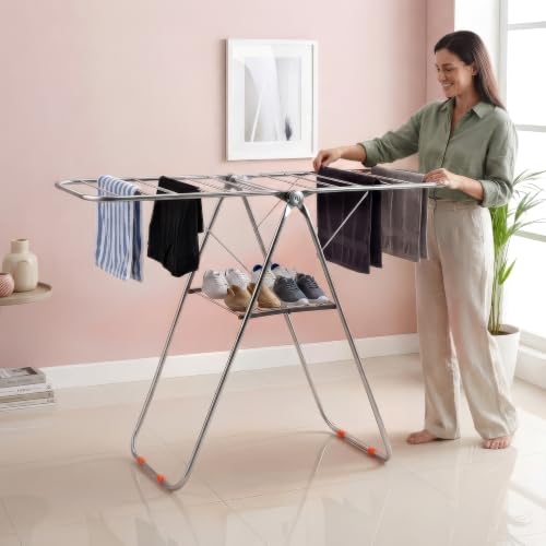 Image of Plantex Cloth Stand for Home /Stainless Steel Foldable Colth Stand /Single Layer Cloth Drying Rack for Balcony - Pack of 1 (Bloom, Chrome)