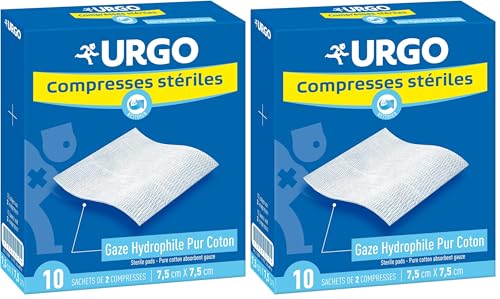 Urgo - Compresses de gaz stériles - Absorption - Boîte de 10 sachets de 2 compresses - 7,5cm x 7,5cm (Lot de 2)