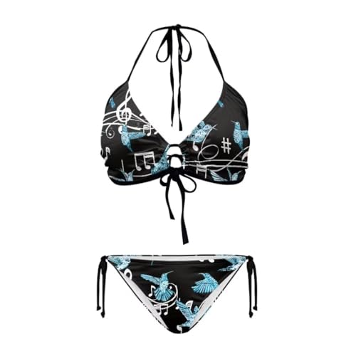 Youngerbaby Blue Hummingbirds Print Women's Triangle Bikini Set, Music Notes Two Piece Swimsuit Tie Side Triangle Bikini Bathing Suit