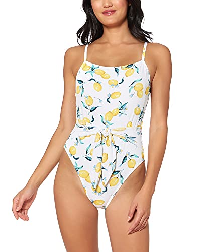 Jessica Simpson Women s Standard Straight Neck One Piece Swimsuit Bathing Suit, Lemon Pattern Tie Waist, S