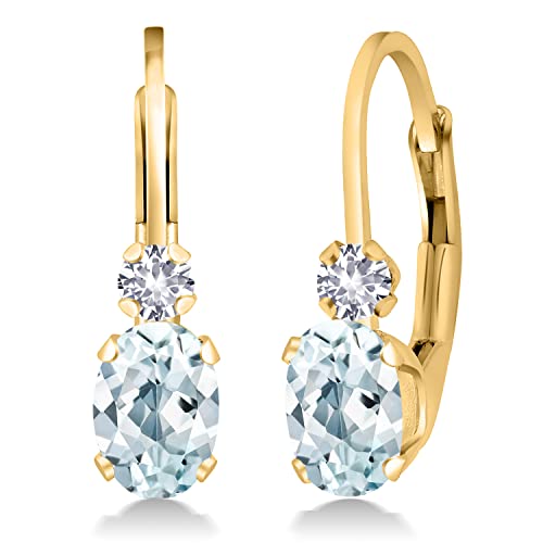 Gem Stone King 18K Yellow Gold Plated Silver Gemstone Birthstone and White Created sapphire Drop Leverback Earrings for Women | Oval 6X4MM and Round 2MM | 3/4 Inch