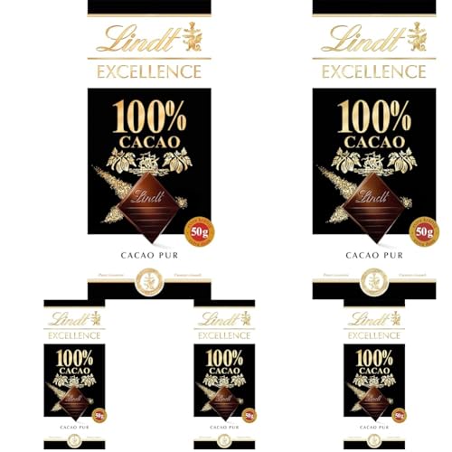 Lindt Excellence Chocolate 100% Cacao, chocolate negro puro sin azúcar, sabor intenso y auténtico 50 g (Paquete de 5)
