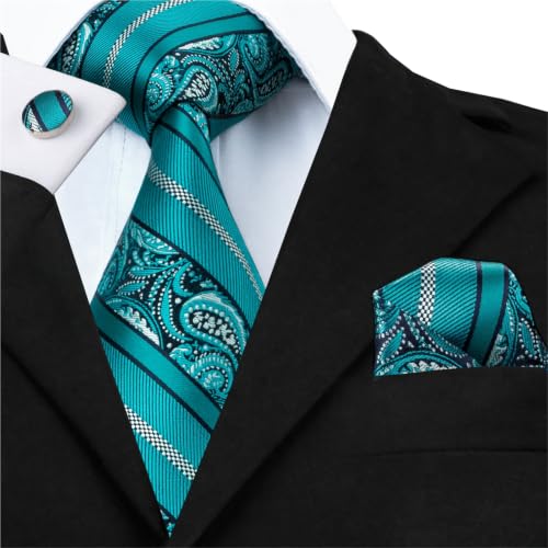 Cravate homme soie rayée pois bleu sarcelle bouton de manchette hanky costume marié