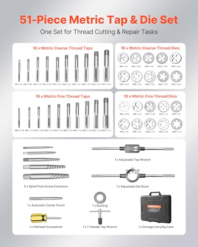 Image of VEVOR Tap and Die Set, 51-Piece Metric Sizes M6 to M24, with Coarse and Fine Thread Taps and Dies, Wrench, Carrying Case and Complete Accessories, Bearing Steel, for Threading and Rethreading Threads