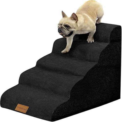 Breiter Hundetreppe Schwarz 5 Stufen 62cm hoch für Kleine Hunde, Hochdichtem Schaumstoff Haustiertreppe, Waschbarem Bezug und Rutschfestem Boden
