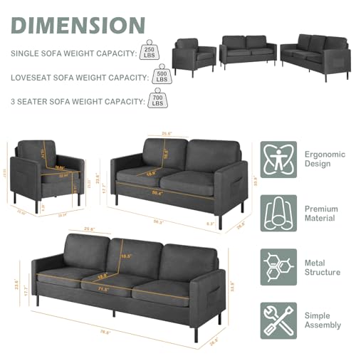 Image of STHOUYN Modern 3-Piece Living Room Set, 72 inch Grey 3 Seater Couch and 56 inch Loveseat with USB Ports, Small Couch and Chair Set for Small Space, Apartment, Office (Grey, 1 Chair + 1 Loveseat + 1 Couch)