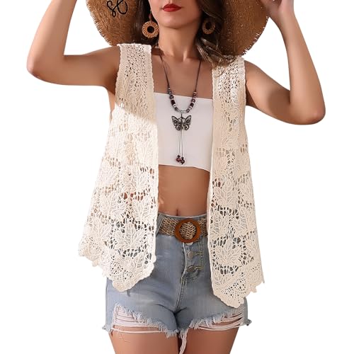 Image of Women's Crochet Floral Boho Lace Trim Sleeveless Kimono Open Front Vest Cardigan
