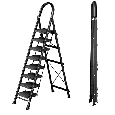 8 Step Ladder with Handrails, 330LBs Capacity Folding Step Stool with Anti-Slip Wide Pedals - Perfect for 12ft High Ceilings, Home Kitchen Pantry Office Use, Black