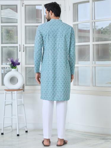 Image of See Designs Men's Full Sleeve Mandarin Collar Men Embroidered Straight Long Kurta - Festive Collection