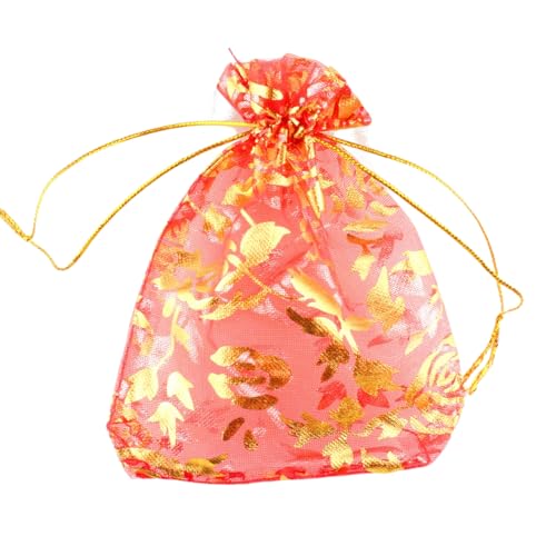 Image of 100 pcs 3.5 x 4.7 Inch Flower Heart Organza Jewelry Gift Pouch Candy Pouch Drawstring Wedding Favor Bags X92 (red gold flower)