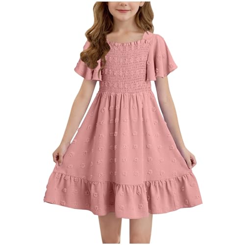 Teen Girls 2025 Summer Dresses Kids Polka Dot Dress Size 4-14 Years Solid Color Smocked Boho Square Neck Casual A Line Dress