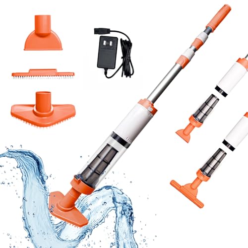 PoolyPoly Aspirador de Piscina a Bateria, 3 en 1 Limpiafondos para Piscina Inalámbrica con Mango Telescópico, 90 Minutos Limpieza, Aspiradora Manual para SPA, Piscina Pequeñas, Naranja