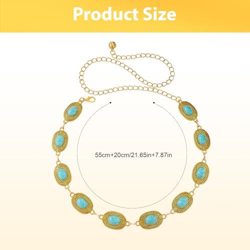 Western Turquoise Waist Chain Belt, Gold Metal Concho Belt for Women, Boho Cowgirl Style, 45.2 Inch Length, for Dresses, Jeans, Country Concerts3