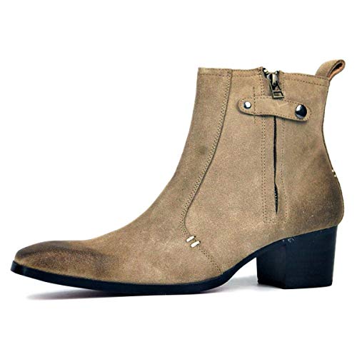 Weatern Boot for Men High Top Boot Slip On StyleGenuine Leather Side Zipper Waterproof Pointed Toe High Block Heel Easy Care