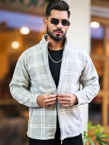 Image of Maniac Mens Checkered Full Zipper Fullsleeve Polyester Blend Fleece Shacket for Men