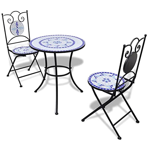 Chaduof 3-TLG. Bistro-Set, Gartenset Tisch Und Stühle, Balkontisch, Balkon Möbel Für Kleinen Balkon, Terrassenmöbel, Bistrotisch, Gartentisch, Keramikfliesen Blau und Weiß