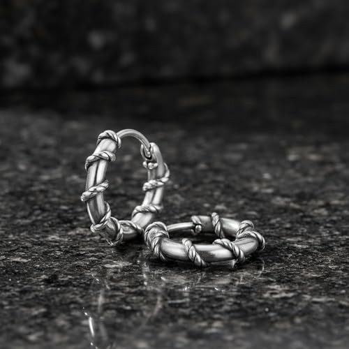 Image of VAMA FASHIONS Oxidised Silver Hoop Earrings in Tribal Bali Design Lightweight Ethnic Look Ear Accessories for Men