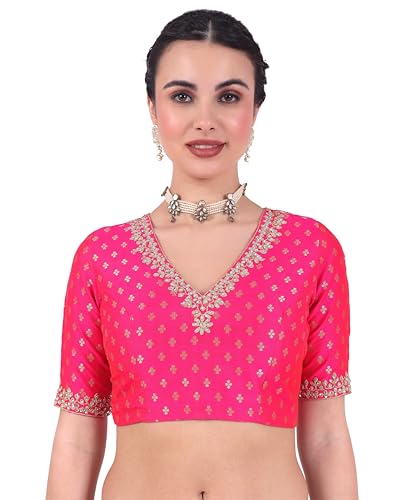 Image of Studio Shringaar Women's Brocade Embroidered V-Neck Readymade Elbow Length Sleeves Saree Blouse