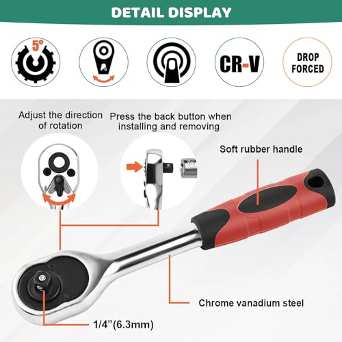 Socket Set 46 Pcs 1/4'' Drive Socket Ratchet Wrench Set with Storage Case Includes Metric Bit Socket Set & Extension Bar for Auto Car Motorbikes Repair & Home Maintenance Compact Household Tool Kit-G 4 Socket Set 46 Pcs 1/4'' Drive Socket Ratchet Wrench Set with Storage Case Includes Metric Bit Socket Set & Extension Bar for Auto Car Motorbikes Repair & Home Maintenance Compact Household Tool Kit-G - Image 4