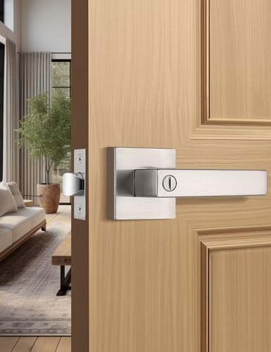 Tinewa Privacy Square Brushed Nickel Door Handles Interior, Keyless Door Knobs for Bedroom/Bathroom, Reversible for Left Right Handed Doors, 1 Pack