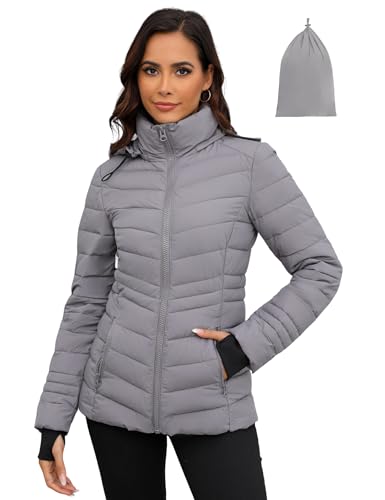 ANOTHER CHOICE Womens Packable Puffer Jacket, Lightweight Puffer Coat Hooded Winter Warm Puffy Jacket (Light Grey,XXL)