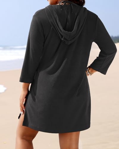 Daci Plus Size Women Terry Cloth Swimsuit Cover Up Long Sleeve Beach Bathing Suit Coverup Hooded Cotton Swim with Pockets2