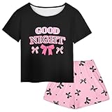 Girls Pajamas for Kids Summer Pjs for Girl Pajama Sets 2Pcs Short Sleeve Top and Shorts Sleepwear for Teen, Black, 10-11Y