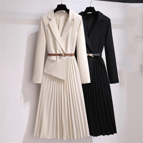 Office Lady Patchwork Blazer Dress Autumn Elegant Long Sleeve Notched Collar Belt Pleated Vestidos3