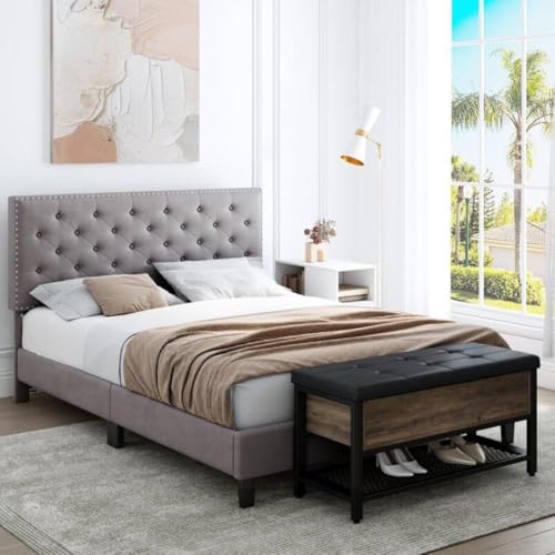 Image of Julius Upholstered Bed King Size Without Storage Solid Sheesham Wood | Modern Premium Fabric Upholstery Cushion Headboard | King Bed for Bedroom Wooden Double Bed Cot 78x72 Inch King