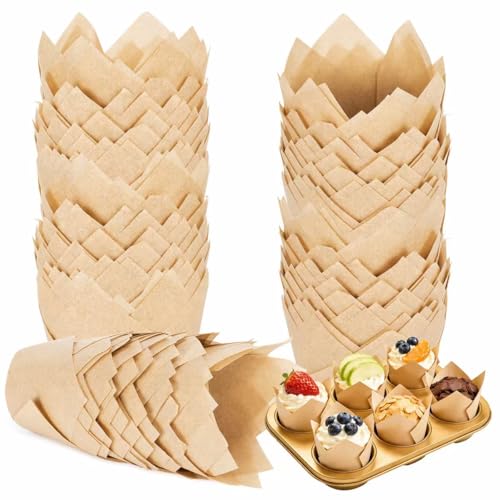 IOMDRWU Tulip Cupcake Liners, 200 Pcs Up-graded Muffin Liners, Greaseproof Parchment Paper Baking Cups, Non-Stick Standard Size Cupcake Wrappers for Party, Christmas, Wedding, Birthday