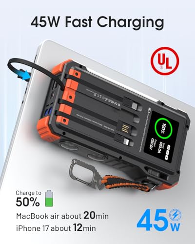 Solar Power Bank 12000.0 mAH, 45W Fast Charging with 4 Built-in Cables & Automotive-Grade Cells, Jump Starter, 12V Battery Booster Pack with Smart Display,Gift for Men, Orange - Image 4
