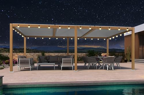 PURPLE LEAF Louvered Pergola 11.5' x 21' with Light, Wood Grain Frame