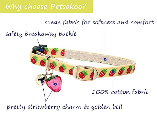 PetSoKoo Cute Cat Collar With Bell and Strawberry Charm.100% Cotton.Safety Breakaway Soft.For Girl Boy Male Female Kitten Collar - Image 2