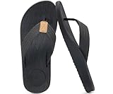 KuaiLu Mens Flip Flops Arch Support Comfortable Cushion Memory Foam Recovery Walking Waterproof Leather Thong Sandals Orthotic Plantar Fasciitis Summer Casual Beach Pool Slip on Slippers Black Size 11