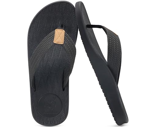 Image of KuaiLu Mens Flip Flops Arch Support Comfortable Cushion Memory Foam Recovery Walking Waterproof Leather Thong Sandals Orthotic Plantar Fasciitis Summer Casual Beach Pool Slip on Slippers Black Size 11
