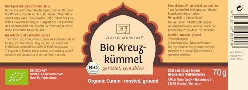 Classic Ayurveda - Bio Kreuzkümmel geröstet gemahlen - 70 g - Aromatisches Gewürz für Hülsenfrüchte und Kohlgerichte