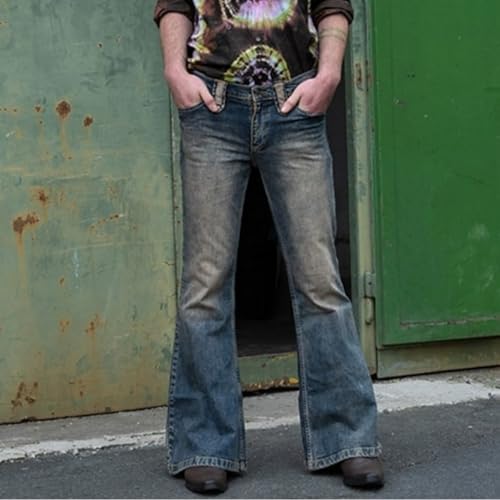 Jeans Pants Trousers Denim Trendy Retro Stretch Grinding Fading Washed Blue High Waist Casual Horn Leg for Men3