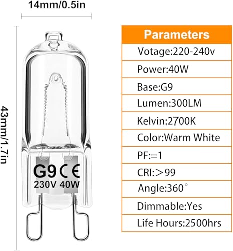 Jaenmsa G9 Halogen Light Bulbs, 40W 2700K Warm White 230V Dimmable Capsule Bulbs, Non-Flicker, 12 Pack